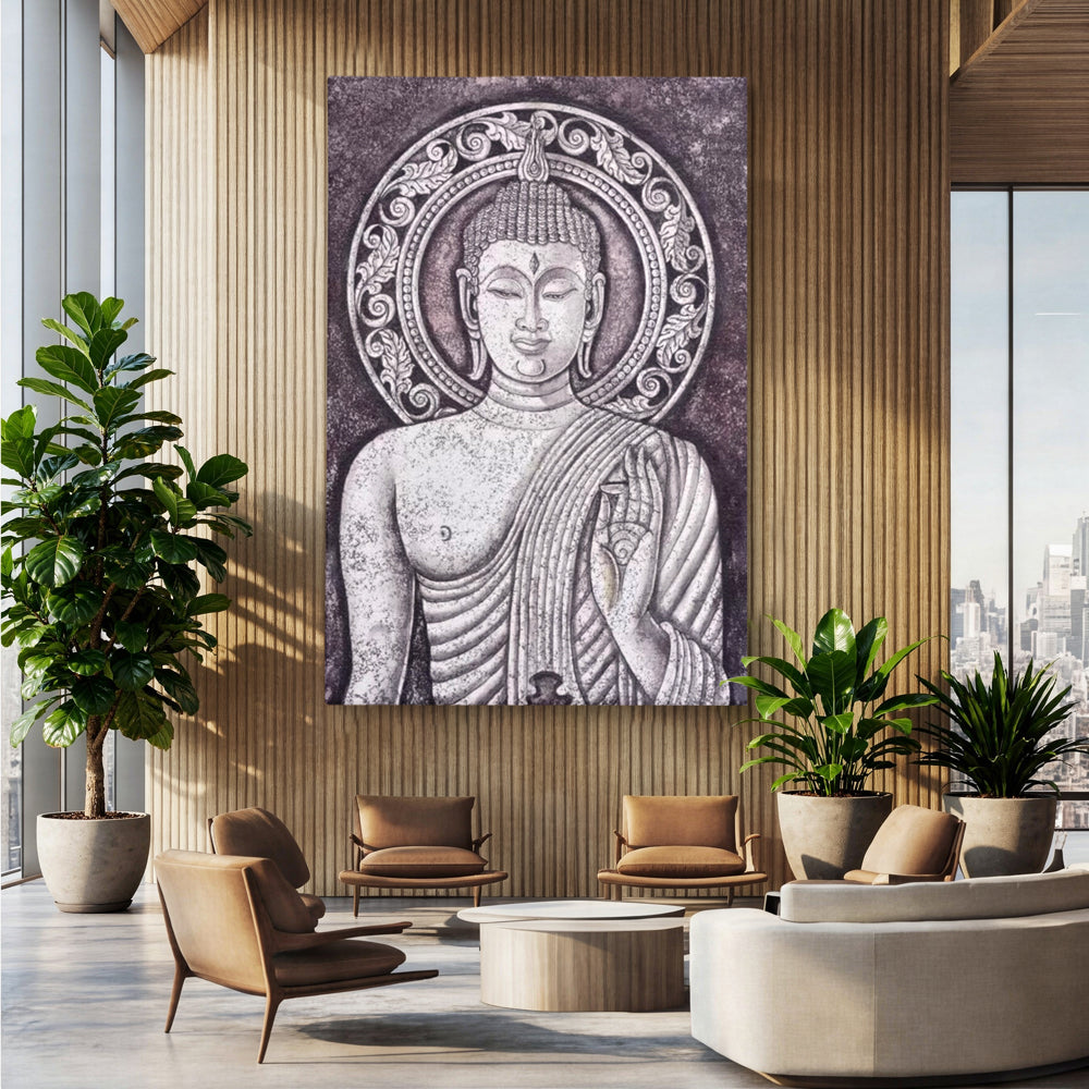 Tablou canvas cu tablou canvas cu chipul lui buddha, fara rama, pe sasiu de lemn, pe perete intr-un birou